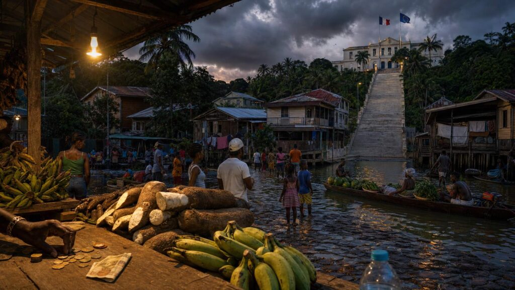 Photographie générée par IA, non documentaire : marché de bord de fleuve en Guyane au crépuscule, étal de bananes et de manioc, pièces et billet sur le comptoir, pirogue et maisons sur pilotis dans une rue inondée, escalier monumental montant vers un bâtiment administratif aux drapeaux français et européen, ciel d’orage.
