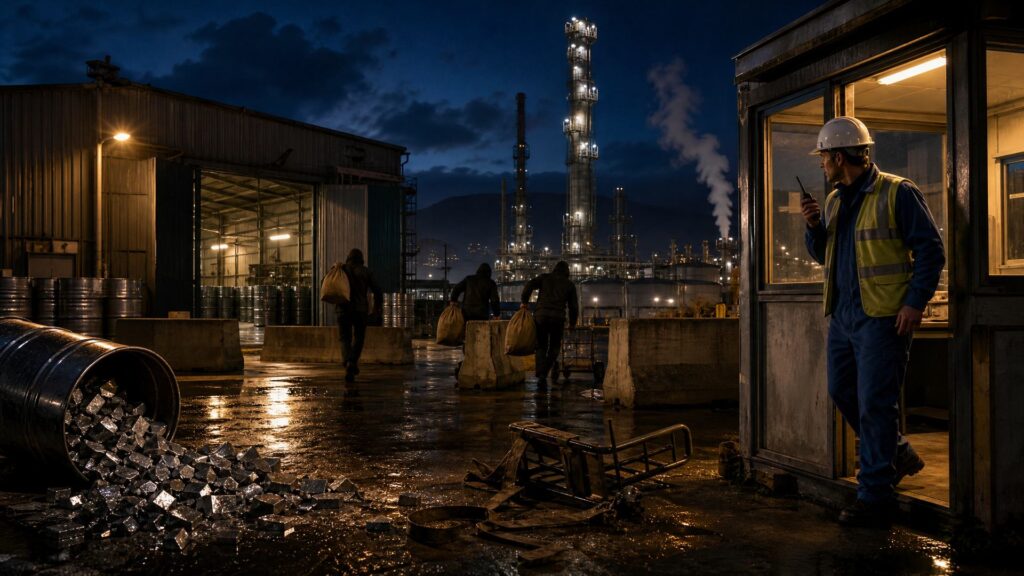 Image éditoriale générée par IA, non documentaire : la cour d'une usine chimique alpine, la nuit. Au premier plan, un fût d'acier renversé laisse échapper des cristaux métalliques gris argent qui accrochent la lumière ; un diable et une sangle au sol, un sol mouillé qui réfléchit les lampadaires. Au plan moyen, 3 silhouettes encagoulées portant des sacs se glissent entre des blocs de béton, vers un entrepôt aux portes ouvertes rempli de fûts alignés. À droite, dans un poste de garde vitré éclairé chaudement, un jeune intérimaire en bleu de travail, casque blanc et gilet fluo, radio à la main, tourné vers les intrus. À l'arrière-plan, colonnes de distillation et cheminées démesurées, vapeur, montagnes et ciel bleu nuit.