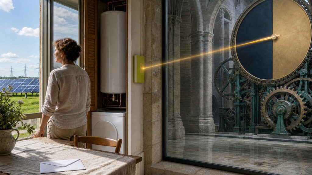 Une femme regarde par une fenêtre ouverte sur un champ de panneaux solaires, à côté d'un ballon d'eau chaude, d'un lave-linge et d'une horloge monumentale traversée par un faisceau lumineux.