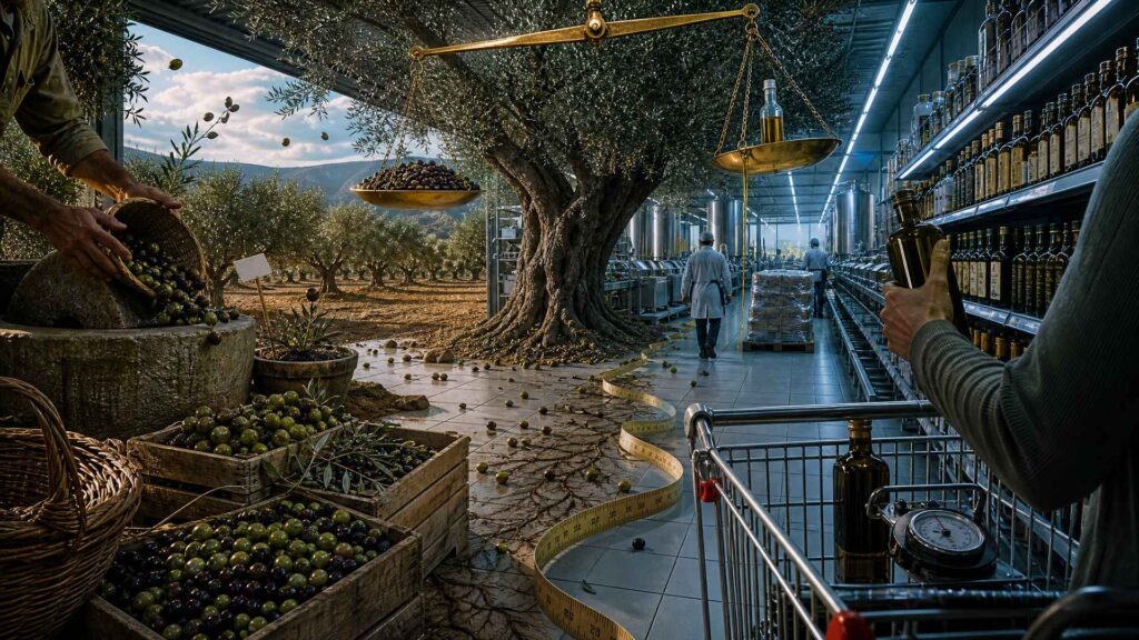 Une oliveraie andalouse et un rayon d'huile d'olive de supermarché réunis dans une même allée : un producteur verse des olives dans une meule de pierre, une cliente saisit une bouteille dans un chariot, une grande balance penche du côté de la bouteille.