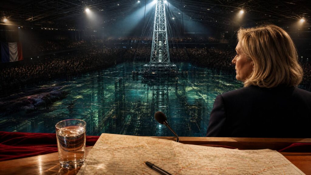 Une femme blonde en tailleur sombre, vue de profil derrière une tribune de bois où sont posés un verre d'eau, une carte dépliée et un micro ; au centre, un derrick métallique domine une salle de meeting dont le sol de verre laisse voir des conduites dans une nappe bleu-vert.