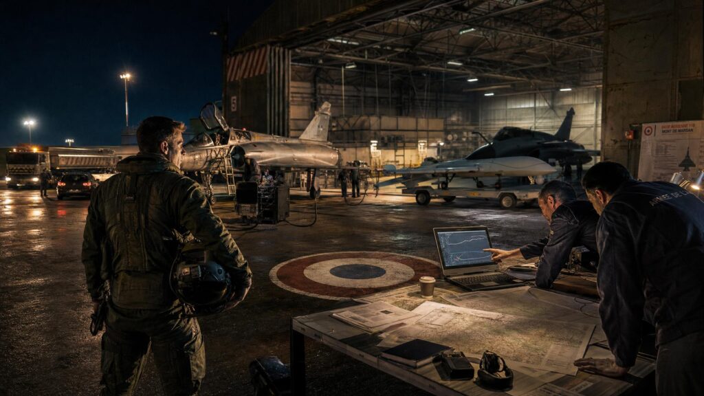 Nuit sur la base aérienne 118 de Mont-de-Marsan : un pilote en combinaison regarde un Mirage 2000 verrière ouverte, deux techniciens travaillent sur une table de mission devant un drone sans cockpit posé sur remorque, sous la charpente d'un grand hangar.