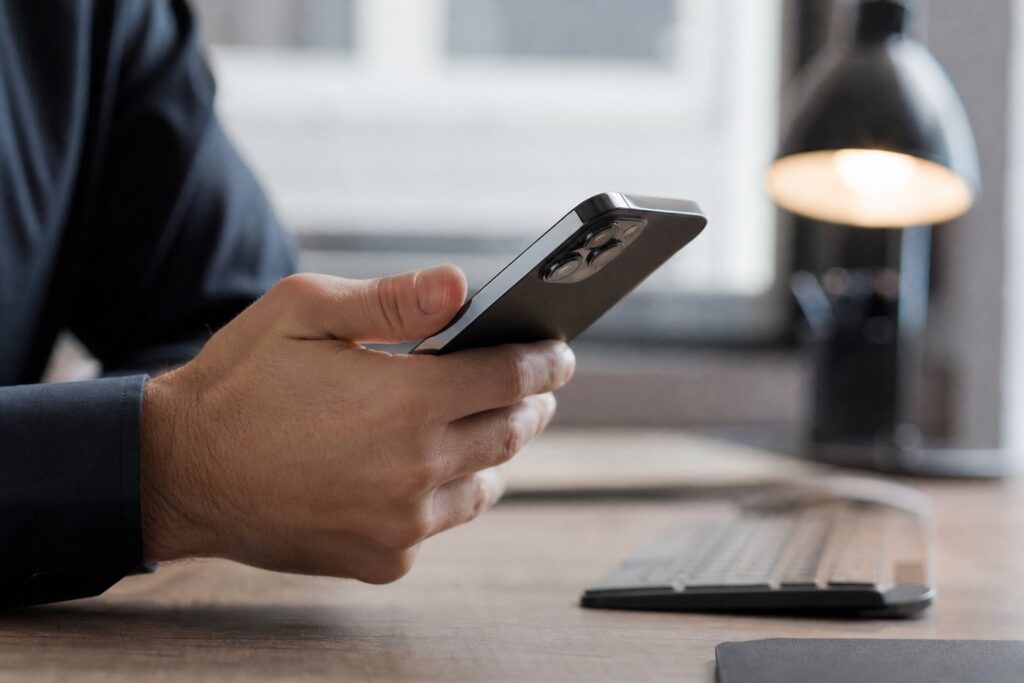Main tenant un smartphone, écran tourné hors champ, bureau contemporain flou.