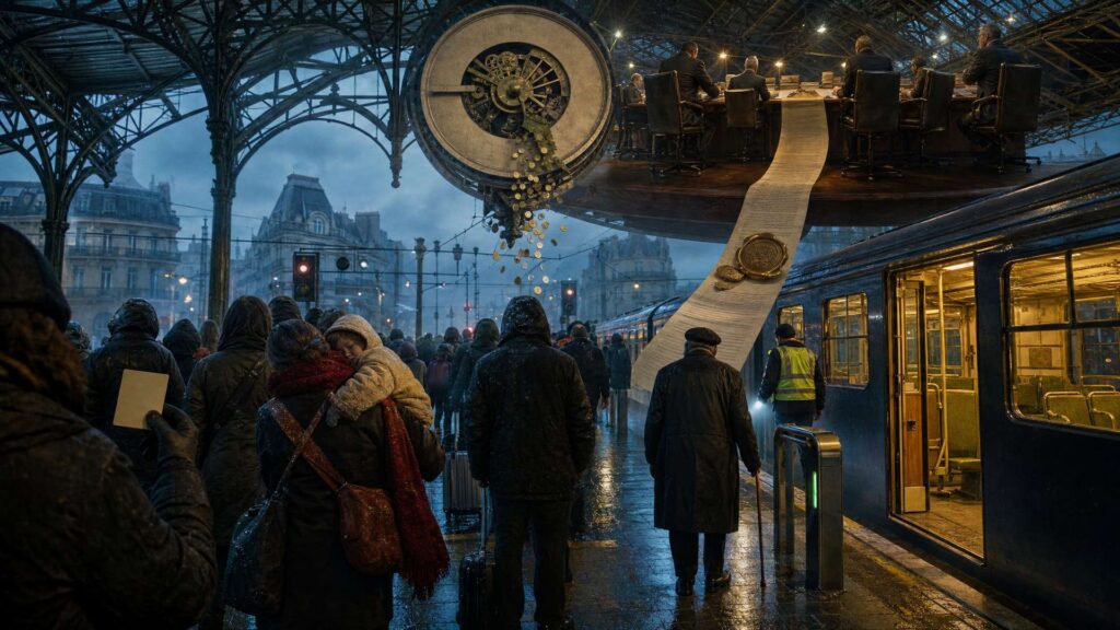 Quai de gare francilienne à l'aube : voyageurs de dos avec valises, rame à quai portes ouvertes, écran d'affichage suspendu et grande horloge sous la verrière, façades haussmanniennes dans la brume au fond.