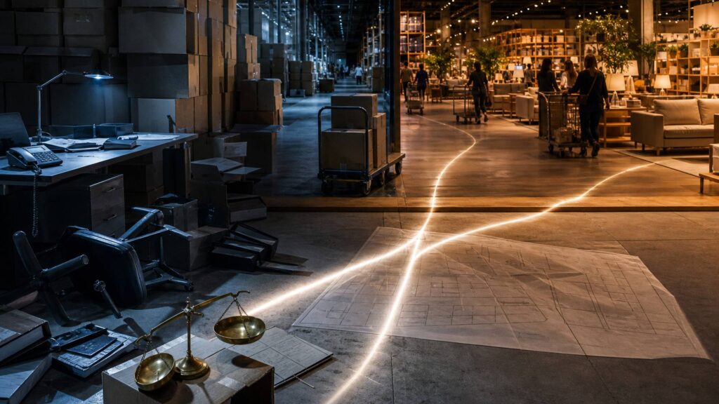 Allée d'un grand magasin de meubles la nuit : à gauche un bureau administratif en cartons, un fauteuil renversé, une balance ancienne posée sur un carton ouvert ; à droite un espace de vente éclairé où des clients anonymes vus de dos poussent des chariots ; un seuil en bois sépare les deux zones.