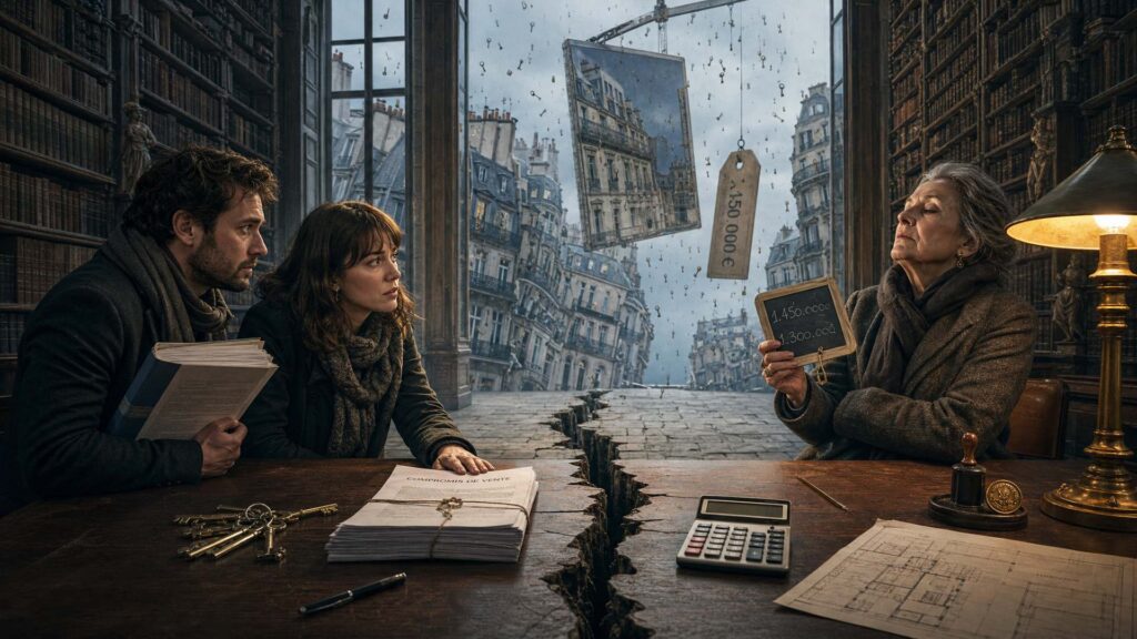 Bureau de notaire monumental : un couple d'acheteurs debout a gauche dans une lumiere froide, une venderesse agee assise a droite sous une lampe chaude, une grande table en bois fendue portant un compromis de vente, un trousseau de cles et un plan ; par la baie, des facades haussmanniennes inclinees et des cles suspendues. Illustration editoriale, image non documentaire.