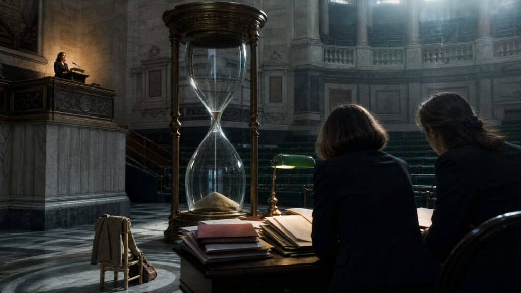 Hémicycle monumental du Sénat : au premier plan, deux sénatrices vues de trois quarts arrière penchées sur des dossiers sous une lampe verte ; au centre, un sablier de la taille d'une colonne au sable presque écoulé ; au fond, une ministre debout à la tribune, en contre-jour ; au pied du sablier, une petite chaise d'enfant vide avec un manteau posé dessus.