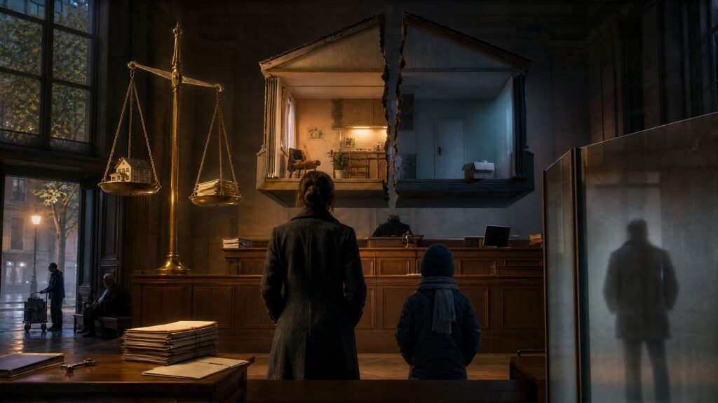Salle d'audience en bois sombre : une maison coupée en deux flotte au-dessus du tribunal, moitié éclairée et habitée, moitié vide et froide ; une femme et un enfant vus de dos lui font face, une balance de laiton porte une maquette de maison, un homme se tient derrière une cloison de verre dépoli.
