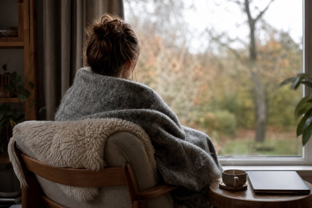 Personne assise de dos près d'une fenêtre, enveloppée dans une couverture, tasse de thé à côté.