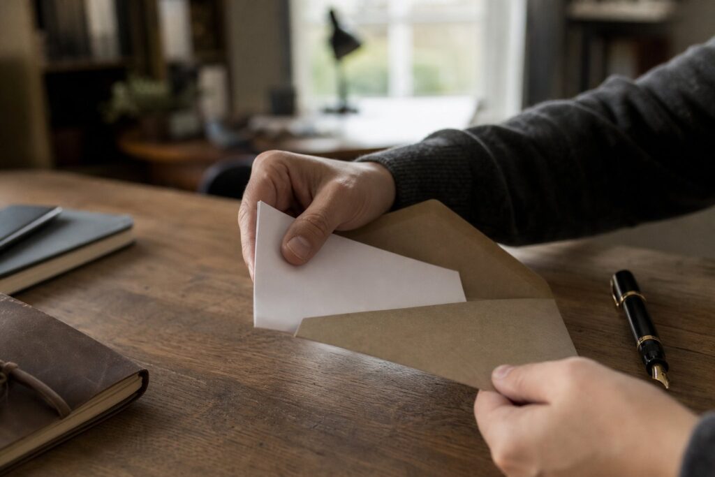 Mains plaçant une lettre pliée dans une enveloppe kraft sur un bureau en bois