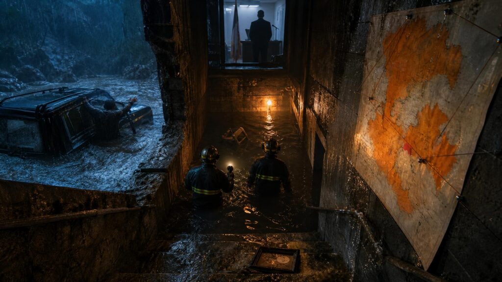 Une cage d'escalier de cave inondée : deux pompiers casqués descendent dans l'eau noire, une chaise renversée et un sac à main flottent ; au-dessus, une carte de département punaisée montre des zones orange et une seule tache rouge ; à l'arrière-plan, un 4x4 à moitié englouti dans un gué, un homme vu de dos s'extrait par la fenêtre, sous une pluie battante.