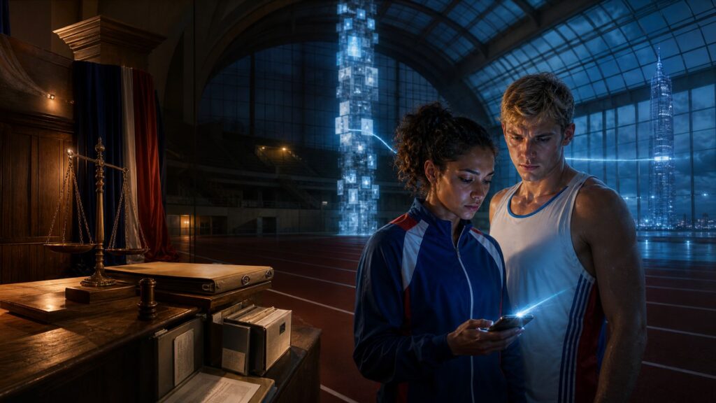 Halle vitrée d'un centre national du sport, la nuit : athlètes en survêtement tricolore penchés sur un téléphone lumineux, banc de bois avec balance de justice et dossiers, colonne de fiches suspendues rejoignant une tour lointaine.