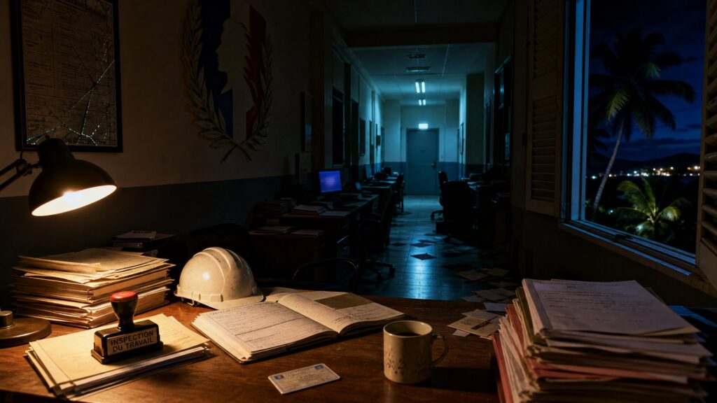 Bureau de l'inspection du travail la nuit : dossiers ouverts sur un bureau de bois, tampon encreur portant l'inscription Inspection du travail, casque de chantier blanc, couloir administratif éclairé de néons froids et fenêtre ouverte sur une nuit tropicale.