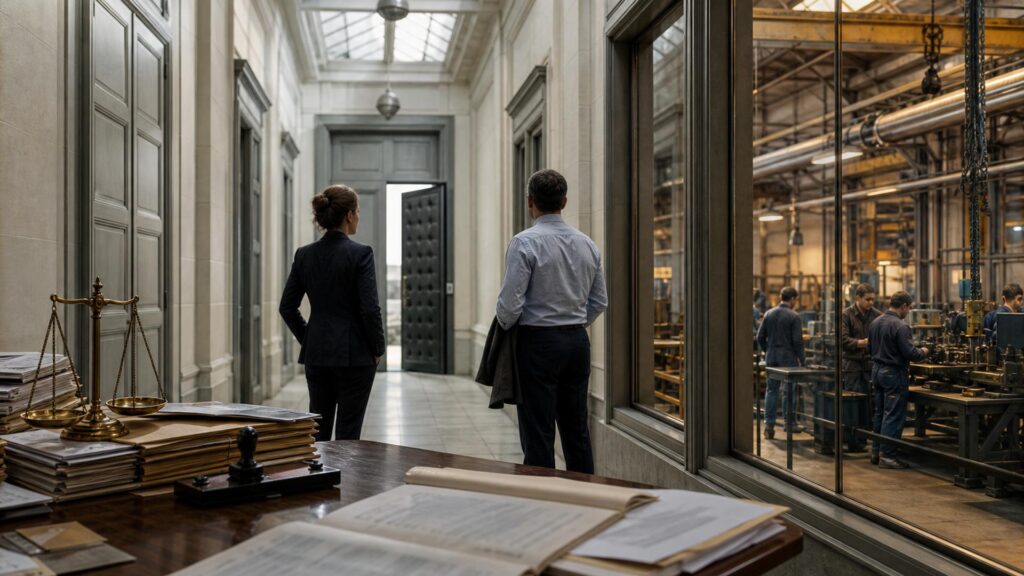 Bureau en bois couvert de dossiers et d'un tampon encreur, balance en laiton au premier plan ; deux inspecteurs vus de dos dans un couloir administratif face à une porte de direction ouverte sur une lumière froide ; à droite, une baie vitrée montre un atelier éclairé chaudement