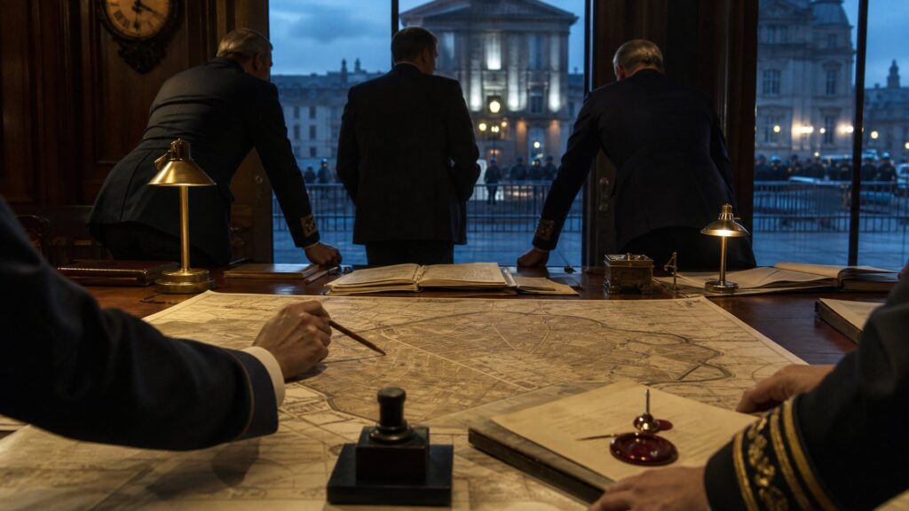 Salle de commandement d'une préfecture au petit matin : longue table de bois couverte de cartes de Paris dépliées et de dossiers ouverts, mains d'officiers penchées sur un plan, tampon de cire et sceau doré posés sur un arrêté ; à droite, une baie vitrée donne sur une place froide et bleue où des barrières métalliques coupent la perspective devant une façade institutionnelle éclairée, quelques silhouettes de dos.