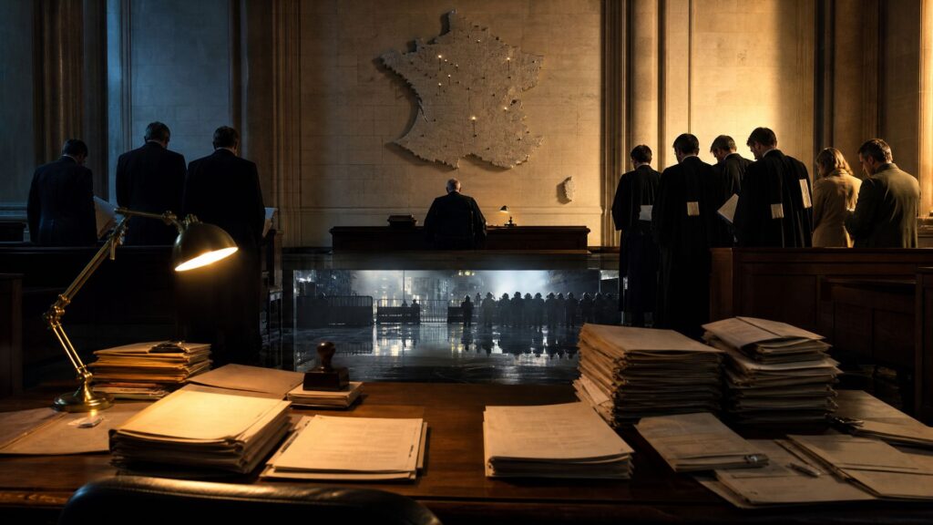 Salle d'audience d'un tribunal administratif à la tombée du jour : au premier plan, un bureau de chêne couvert de piles d'arrêtés et d'un tampon encreur sous une lampe de laiton ; au centre, un juge en robe noire vu de dos devant son estrade ; au fond, une grande carte de France en bas-relief piquée de dizaines d'épingles, dont 5 accrochent la lumière ; à gauche, trois hommes en costume sombre de dos dans une lumière froide, à droite des avocats en robe et des citoyens portant des dossiers dans une lumière chaude ; le sol de marbre poli reflète une barricade et des silhouettes de forces de l'ordre.