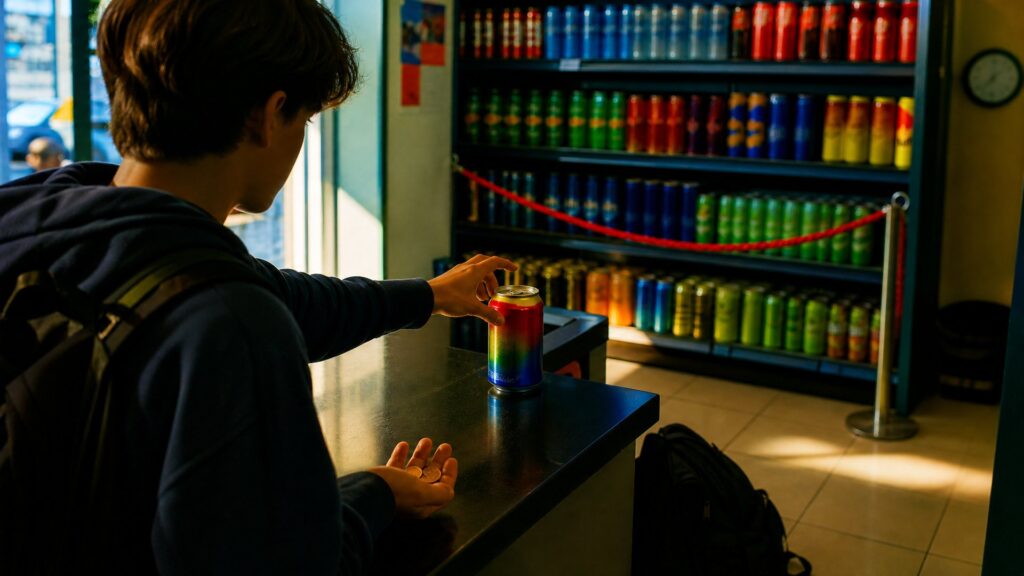 Un adolescent tendant la main vers une canette colorée sans inscription, devant le rayon d'une supérette française.