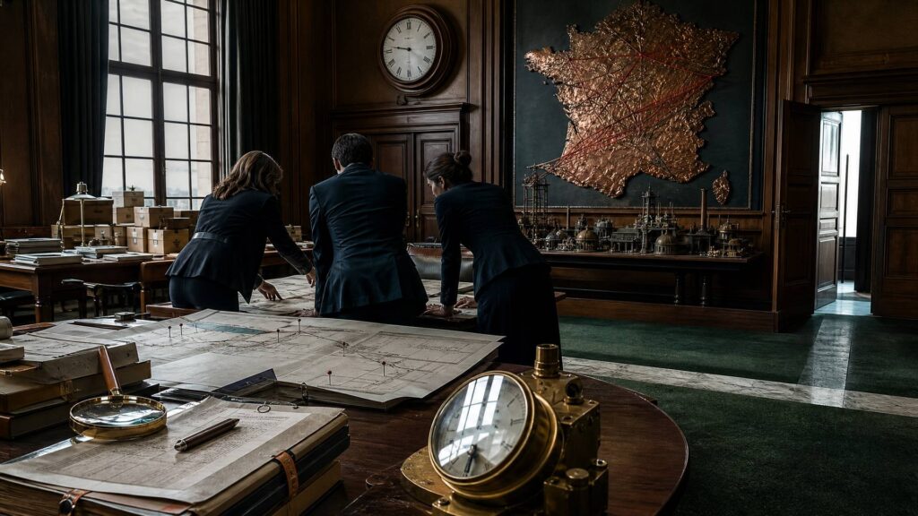 Image éditoriale générée par IA, non documentaire : une salle de commission parlementaire vue en profondeur, une table de bois couverte de textes de loi annotés, d’un tampon et d’une balance ; à gauche, vue de dos, une femme en tailleur sombre debout devant la table ; à droite, une main démesurée dépose des jetons de laiton sur une carte du monde ; au centre, un portique de contrôle qui se resserre ; au fond, une colonnade monumentale et une usine aux cheminées ; aucun visage identifiable, lumière chaude contre ombres froides.