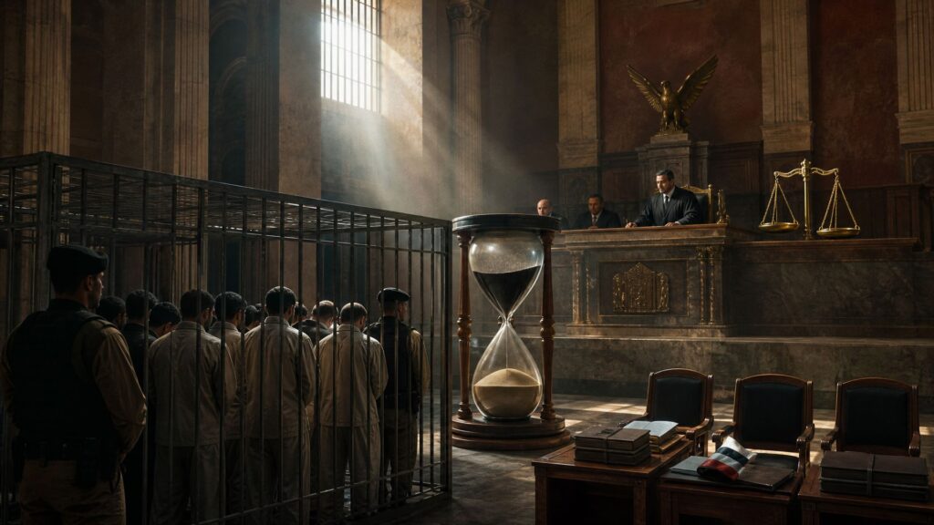 Salle d'audience monumentale d'un tribunal irakien : sept hommes en combinaison claire dans un box métallique, vus de dos, face à un juge en robe noire sur une estrade surmontée d'un aigle de bronze ; un sablier géant au centre, des chaises d'avocats vides et des dossiers empilés au premier plan.