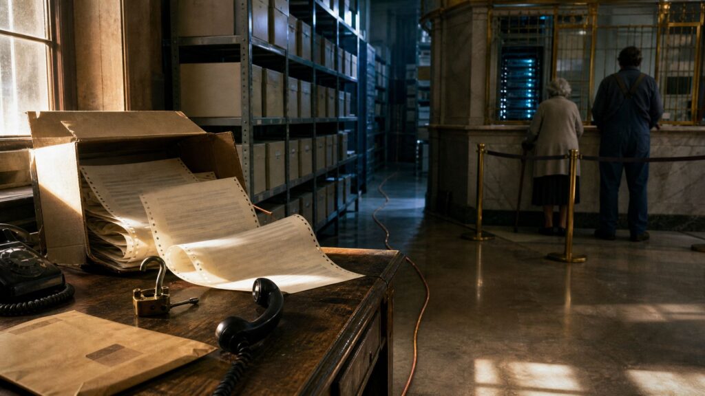 Sur un bureau de bois, une boîte d'archives ouverte déborde de listings informatiques, un cadenas de laiton reste ouvert, un téléphone est décroché ; au fond, une allée de rayonnages, un guichet à grille dorée et, devant, deux silhouettes vues de dos, sous la lumière bleue d'une baie serveur.