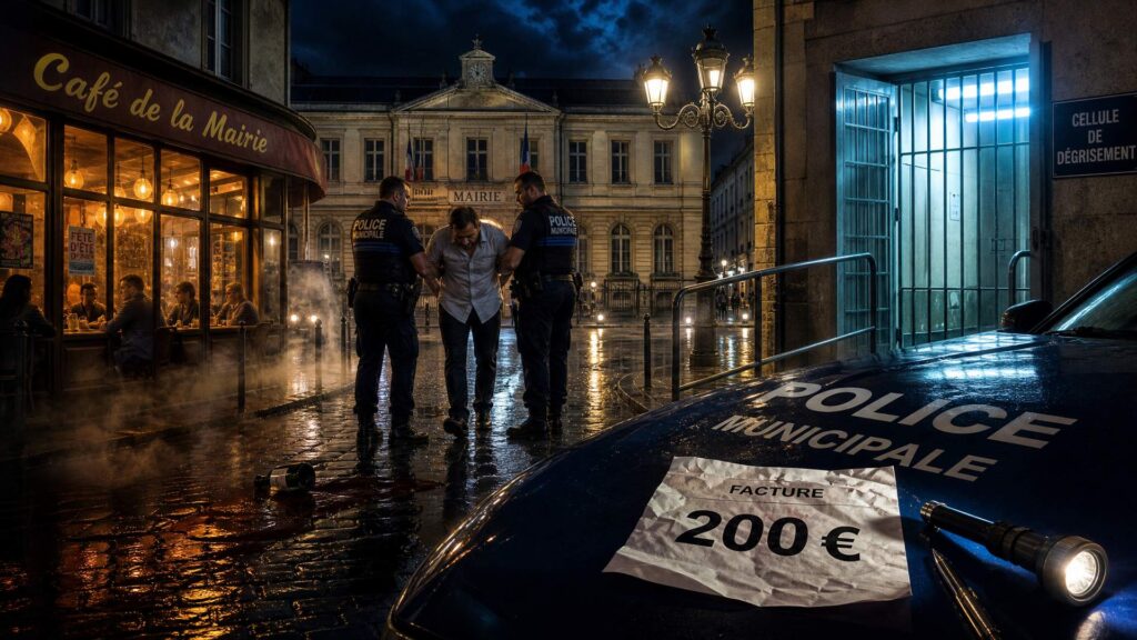 Nuit sur une place pavée mouillée : deux agents de police municipale en uniforme sombre escortent un homme tête baissée vers une porte métallique marquée « cellule de dégrisement », éclairée d'un néon bleu froid. Au premier plan, une facture de 200 € posée sur le capot d'une voiture de police, un stylo et une lampe torche allumée. À gauche, la vitrine chaude d'un café avec des clients attablés ; au fond, la façade en pierre de la mairie, son horloge et des drapeaux français.