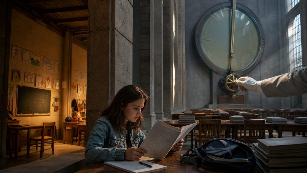 Une adolescente de 17 ans, assise à une table en bois dans une vaste halle de pierre, un livret d'examen ouvert entre les mains ; derrière elle, des rangées de tables vides, et un gigantesque thermomètre de verre et de laiton dont une main gantée ajuste le zéro ; à gauche, dans une lumière chaude, un couloir d'école avec des dessins d'enfants et un tableau noir, séparé de la halle par un seuil de pierre.