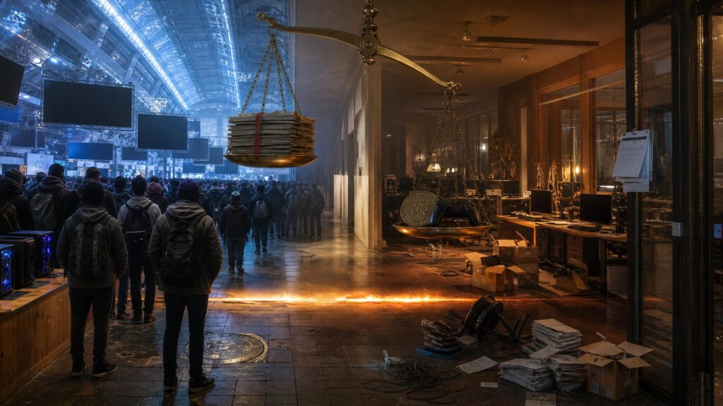 Hall de salon vu de dos par une foule anonyme sous une verrière bleutée, séparé par une ligne de lumière incandescente d'un studio vide aux bureaux déserts et aux cartons ouverts, une balance monumentale suspendue au-dessus du seuil.
