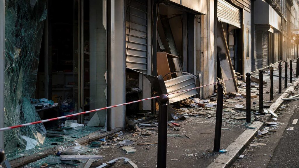 Rue commerçante au lendemain de violences : vitrines brisées, rideaux de fer tordus, marchandises au sol, rubans de balisage.
