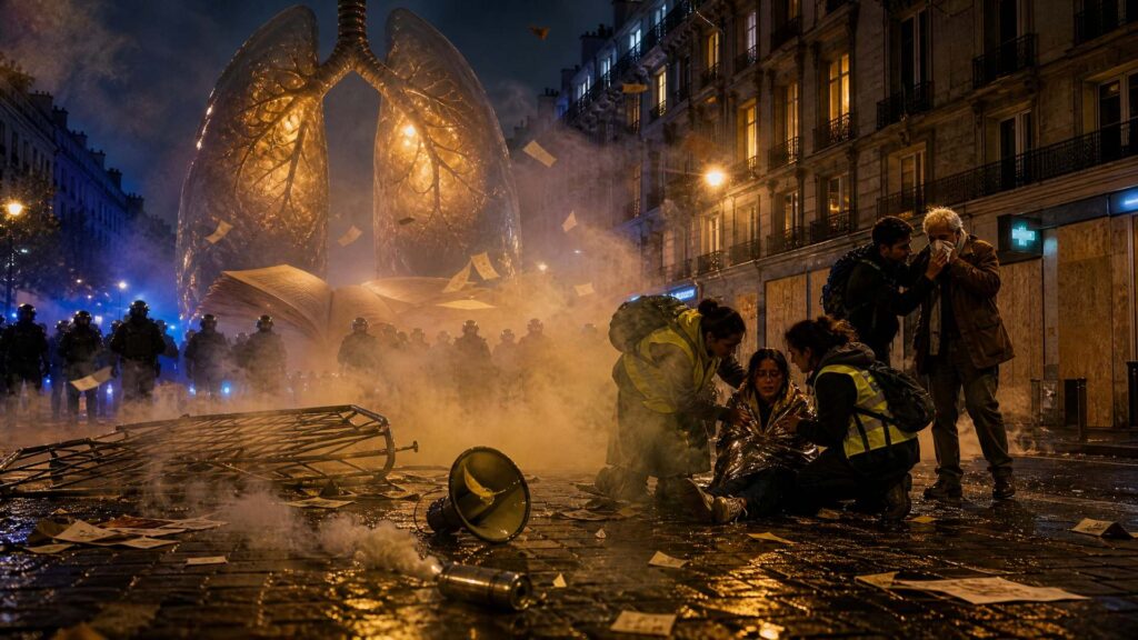 Nuit sur un boulevard parisien après une manifestation : une grenade lacrymogène fumante au sol, un nuage ocre traversant la chaussée, deux secouristes bénévoles anonymes au chevet d'une jeune femme aux yeux larmoyants sous une couverture de survie dorée ; au fond, des policiers casqués vus de dos dans une lumière bleue froide et des vitrines condamnées par des panneaux de bois ; au-dessus, un poumon géant translucide éclairé de l'intérieur et un registre ouvert aux pages blanches qui s'envolent.