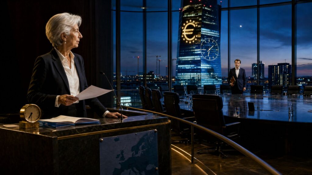 Salle du Conseil des gouverneurs de la BCE à Francfort : Christine Lagarde, cheveux blancs courts, tailleur sombre, debout derrière un pupitre de marbre noir portant un dossier ouvert, un stylo et une petite horloge de laiton ; à droite, une longue table de cuir aux fauteuils vides, un homme en costume sombre tenant un portefeuille ; au fond, la tour vitrée de la BCE avec un euro lumineux et une horloge géante sous un ciel nocturne bleu. Image générée par IA, non documentaire.