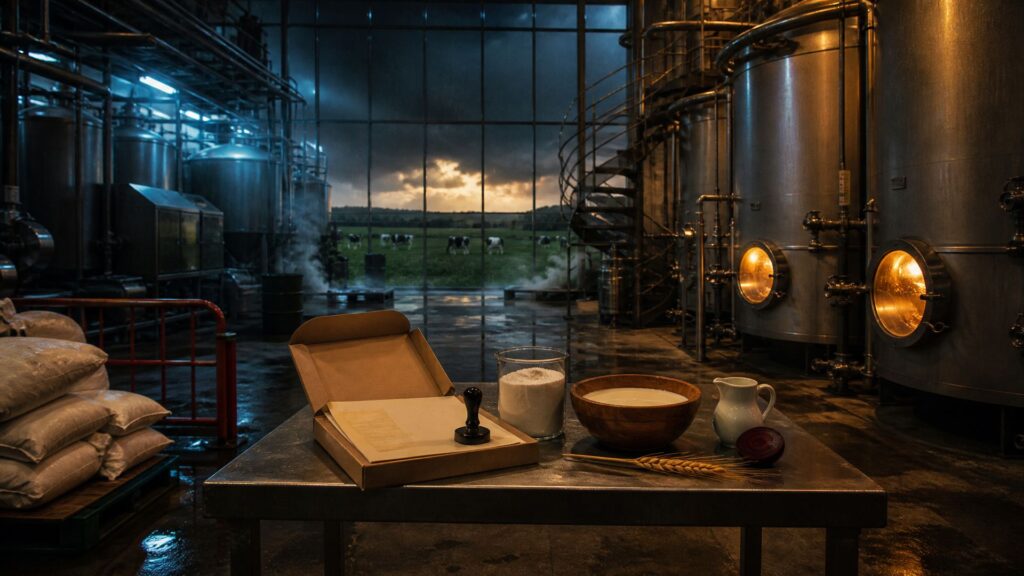 Hall de fermentation industrielle la nuit : cuves inox et tuyauteries, sur une table un dossier ouvert avec un tampon, un verre de poudre blanche, un bol de lactosérum, un épi de blé et une betterave ; derrière une grande baie vitrée, une prairie avec des vaches sous un ciel d'orage.