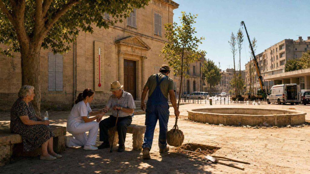 Sur une place de ville française écrasée de chaleur, une femme âgée assise à l'ombre d'un arbre, une infirmière penchée sur un homme âgé, un jardinier portant un jeune arbre à planter, un thermomètre mural et une fontaine à sec.
