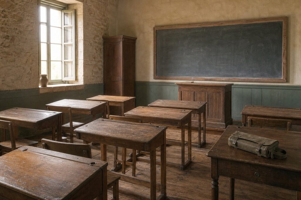 Salle de classe ancienne, bureaux en bois, tableau noir et armoire près d'une fenêtre