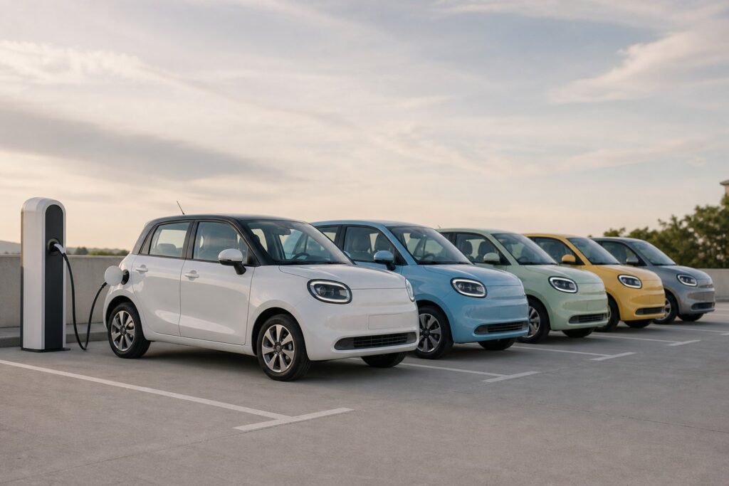Rangée de petites voitures électriques citadines alignées devant une borne de recharge.