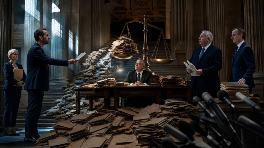 Dans la nef d'un palais républicain, Gérard Larcher et Bruno Retailleau debout sous les colonnes, Laurent Nuñez assis devant une table couverte de dossiers, Manuel Bompard debout face à eux, Laure Beccuau à l'écart dans une lumière froide, une balance de laiton penchée derrière le bureau et des dossiers en cascade sur l'escalier de marbre.