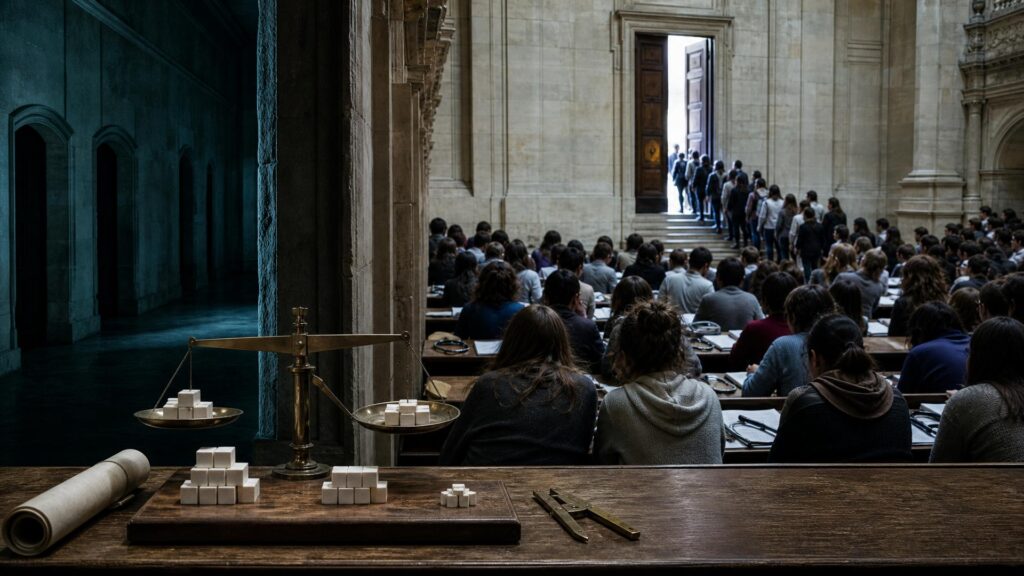 Amphithéâtre universitaire monumental en pierre : des étudiants vus de dos remplissent les gradins vers une porte unique ouverte dans la lumière chaude, un couloir froid à deux portes condamnées sur la gauche, et au premier plan un bureau de bois avec 60 cubes de plâtre répartis en trois tas sur une balance de laiton.