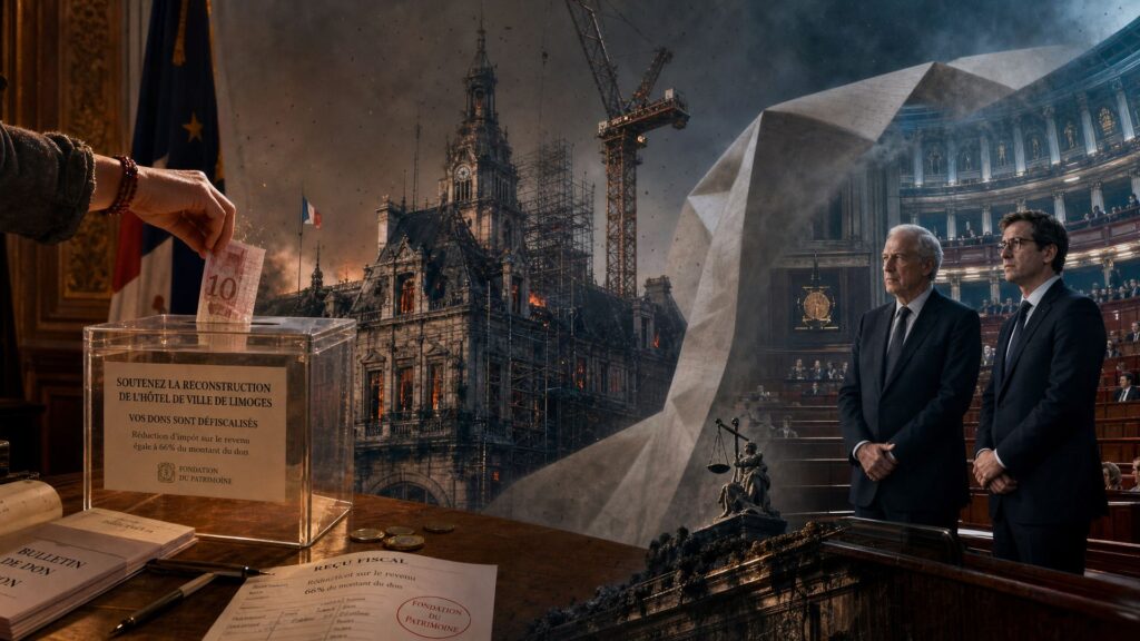 Table de souscription en bois avec urne de verre et bulletins de don au premier plan ; hôtel de ville du XIXe siècle noirci par les flammes, échafaudages et grue au centre ; hémicycle du Palais Bourbon et deux hommes en costume sombre à droite ; fumée traversant la scène.