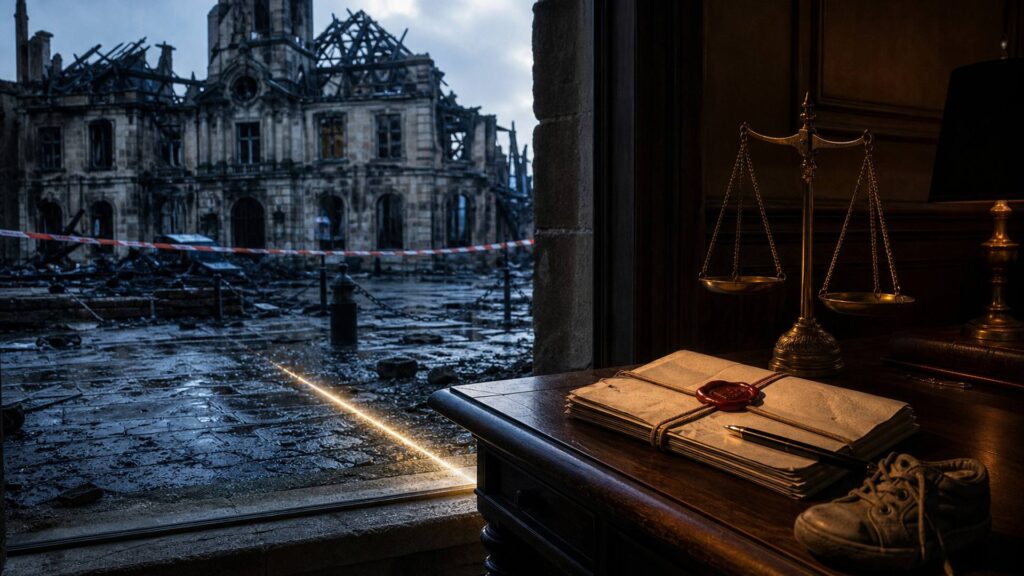 Au petit matin, la façade calcinée d'un hôtel de ville du XIXe siècle, campanile effondré et charpente à nu, gravats et verre brisé au sol ; au premier plan à droite, sur un bureau de palais de justice, un dossier fermé scellé de cire rouge, une balance de bronze et une petite chaussure d'enfant ; un fil de lumière dorée s'arrête avant les gravats.