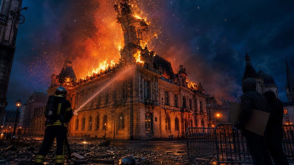 L'hôtel de ville de Limoges en flammes, la nuit : la façade de pierre et le campanile atteints par l'incendie, un pompier de dos arrosant des débris au premier plan, deux silhouettes anonymes derrière des barrières de sécurité.