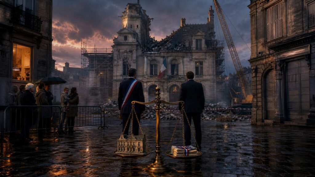 Mairie de Limoges au crépuscule après l'incendie du 23 octobre 2026 : façade de pierre noircie, toiture effondrée, échafaudages et grue ; au premier plan, une balance de laiton pesant une maquette du bâtiment et une liasse de dossiers scellés.