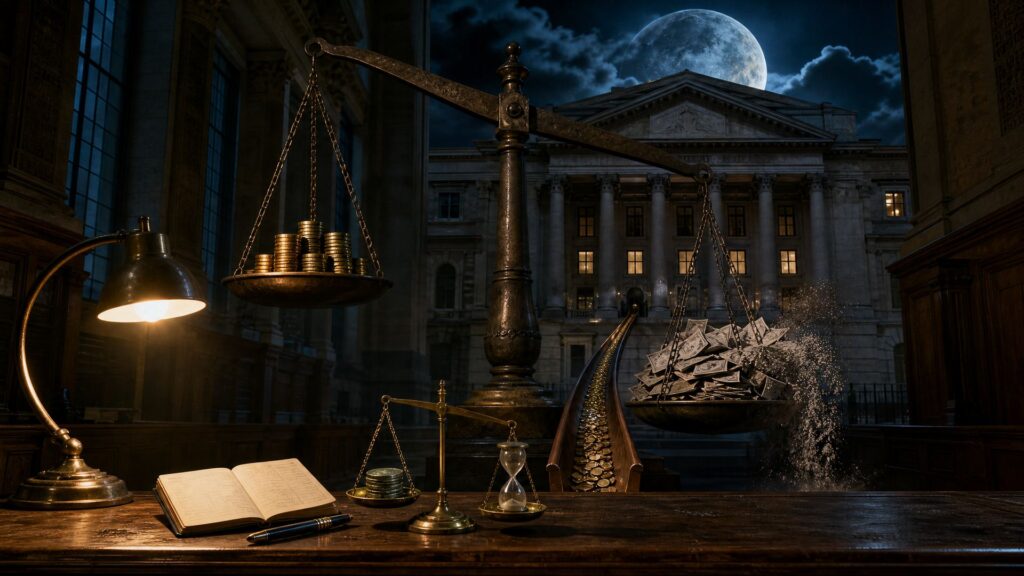 Grande balance de bronze au fléau penché dans une salle bancaire de pierre : un plateau porte des piles de pièces, l'autre des billets qui se délitent ; au premier plan un livret d'épargne ouvert, un stylo et un sablier presque écoulé ; derrière, une façade institutionnelle à colonnes sous une lune bleue