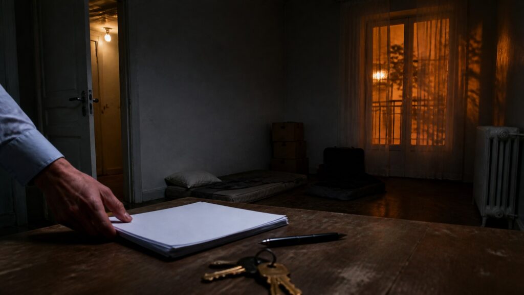 Studio meublé exigu visité de nuit : sur une table usée, un trousseau de clés et une liasse de formulaires vierges qu'une main pousse vers le bord ; au fond, un matelas à même le sol, des cartons, une valise et une porte entrouverte sur un couloir éclairé.