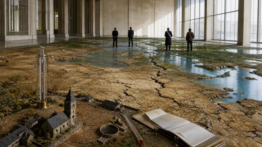 Salle institutionnelle européenne au sol recouvert d'une carte-paysage : le sud craquelé de terre ocre, le nord vert et bleu ; au premier plan, une maquette de village français avec son clocher, un dossier ouvert et un long thermomètre de verre ; quatre hommes vus de dos, dont un maire portant une écharpe tricolore.