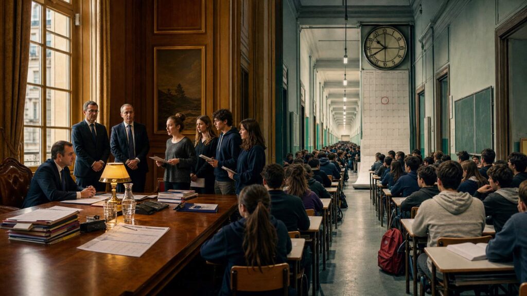 Salon officiel à boiseries de chêne avec une longue table couverte de dossiers, trois hommes en costume dont un assis, quatre lycéens debout avec des cahiers ; la salle de classe bondée de pupitres serrés prolonge la scène dans un couloir démesuré, sous un calendrier mural et une horloge géante.
