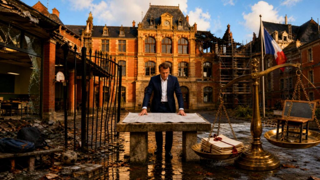 Cour d'un lycée en brique rouge à la fin du jour : à gauche, grille d'entrée tordue, gravats, vitre brisée et panier de basket ; au centre, un homme en costume bleu nuit, les mains posées sur un plan déployé sur une longue table de pierre ; à droite, une balance monumentale dont un plateau porte un pupitre d'école et l'autre une liasse de contrats scellés de cire ; au fond, une façade en partie brûlée, une grue de chantier et un drapeau français. Image générée par IA, non documentaire.