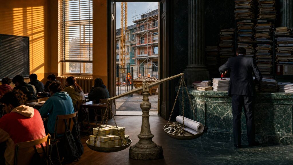 À gauche, une salle de classe de lycée au tableau noir, des élèves vus de dos, des stores à lamelles et une lumière rasante ; au centre, une ouverture sur un chantier avec échafaudages, grue et ouvriers en gilets orange, devant une grande balance de pierre chargée de liasses de billets d'un côté, de clés et de plans de l'autre ; à droite, un comptoir de marbre vert derrière lequel un homme en costume sombre, vu de dos, tamponne des documents, devant des colonnes de dossiers ; ombres profondes et lumière chaude.