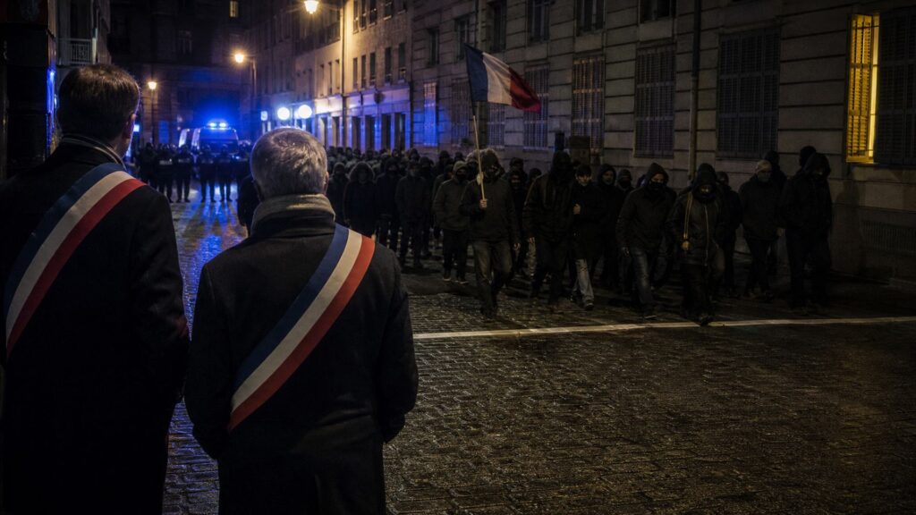 Rue de la presqu'île de Lyon la nuit : deux hommes en manteau sombre portant une écharpe tricolore, vus de dos, regardent une colonne de personnes vêtues de sombre, visages couverts, un drapeau tricolore à l'avant, un cordon de policiers et un véhicule de police aux lumières bleues au fond, une ligne claire tracée au sol.