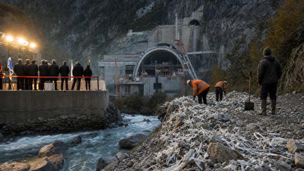 Vallée alpine de Maurienne : au fond, un immense portail de tunnel en béton sous une falaise, grues et portiques d'acier ; à gauche, une estrade d'inauguration avec ruban rouge et silhouettes d'élus vus de dos ; au premier plan à droite, un chemin de montagne au bord d'une rivière couvert de béton concassé parsemé de bandelettes de plastique blanc, deux ouvriers en gilet orange et un habitant en bottes penchés sur les gravats. Image éditoriale générée par IA, non documentaire.