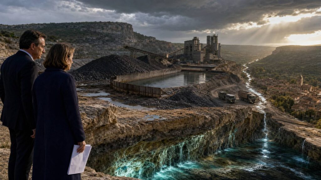 Deux élus en manteau sombre, debout au bord d'un plateau rocheux, face à des tas sombres de mâchefers, un bassin de rétention, des camions et une usine ; en contrebas, une nappe d'eau turquoise et un village à clocher sous un ciel d'orage.