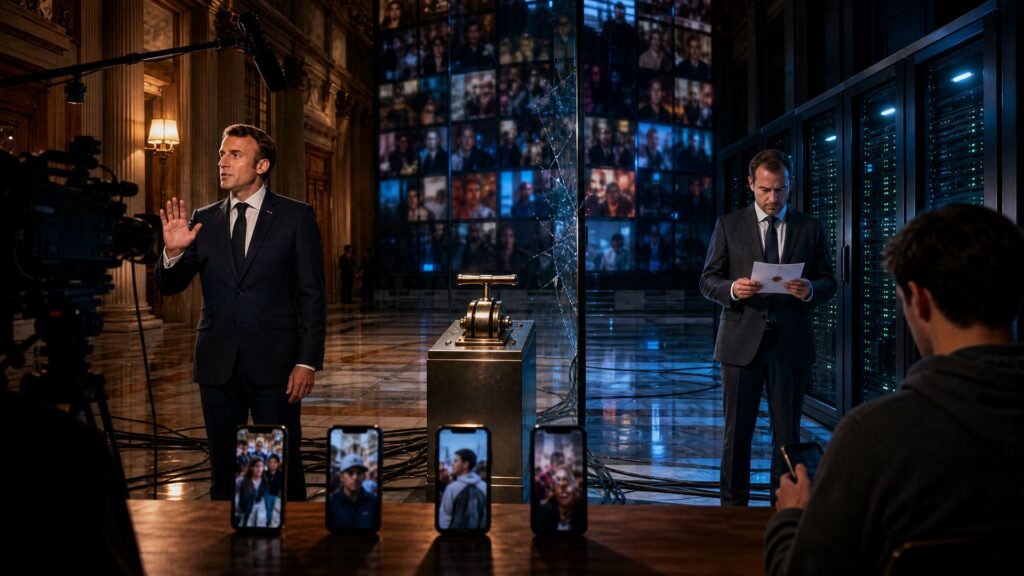 Dans une galerie monumentale, Emmanuel Macron, à gauche, main levée devant des caméras de télévision, fait face à Sébastien Lecornu, à droite, tenant une lettre cachetée devant des armoires techniques ; au centre, un levier de laiton et une paroi de verre fissurée ; au premier plan, quatre smartphones allumés sur une table de bois.